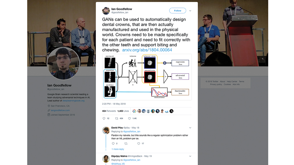 Tweet from Ian Goodfellow regarding innovative AI technology and dental crowns