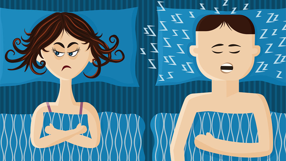 Man snoring really loud while woman just can't take it anymore