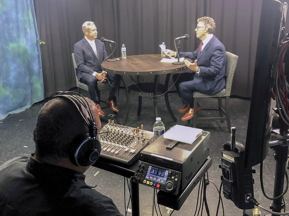 Dr. Park (right) interviews podcast guest Greg Minzenmayer