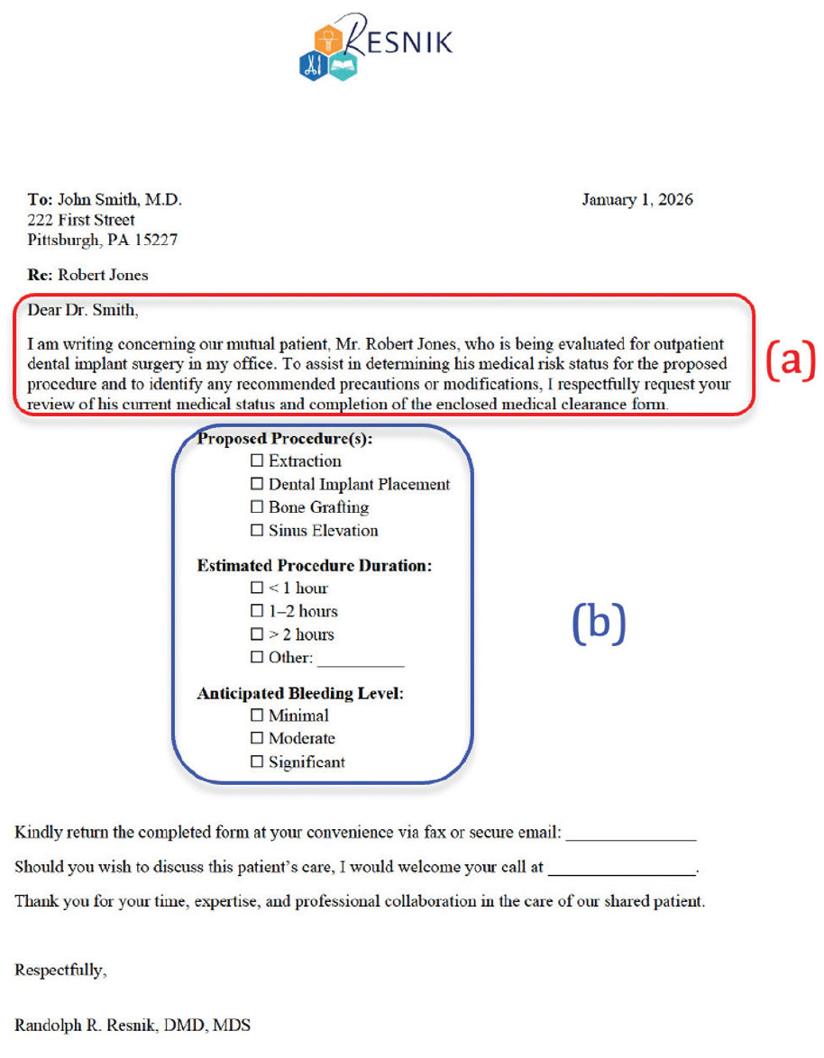 The cover page consists of a formal introductory correspondence to the treating physician (a)