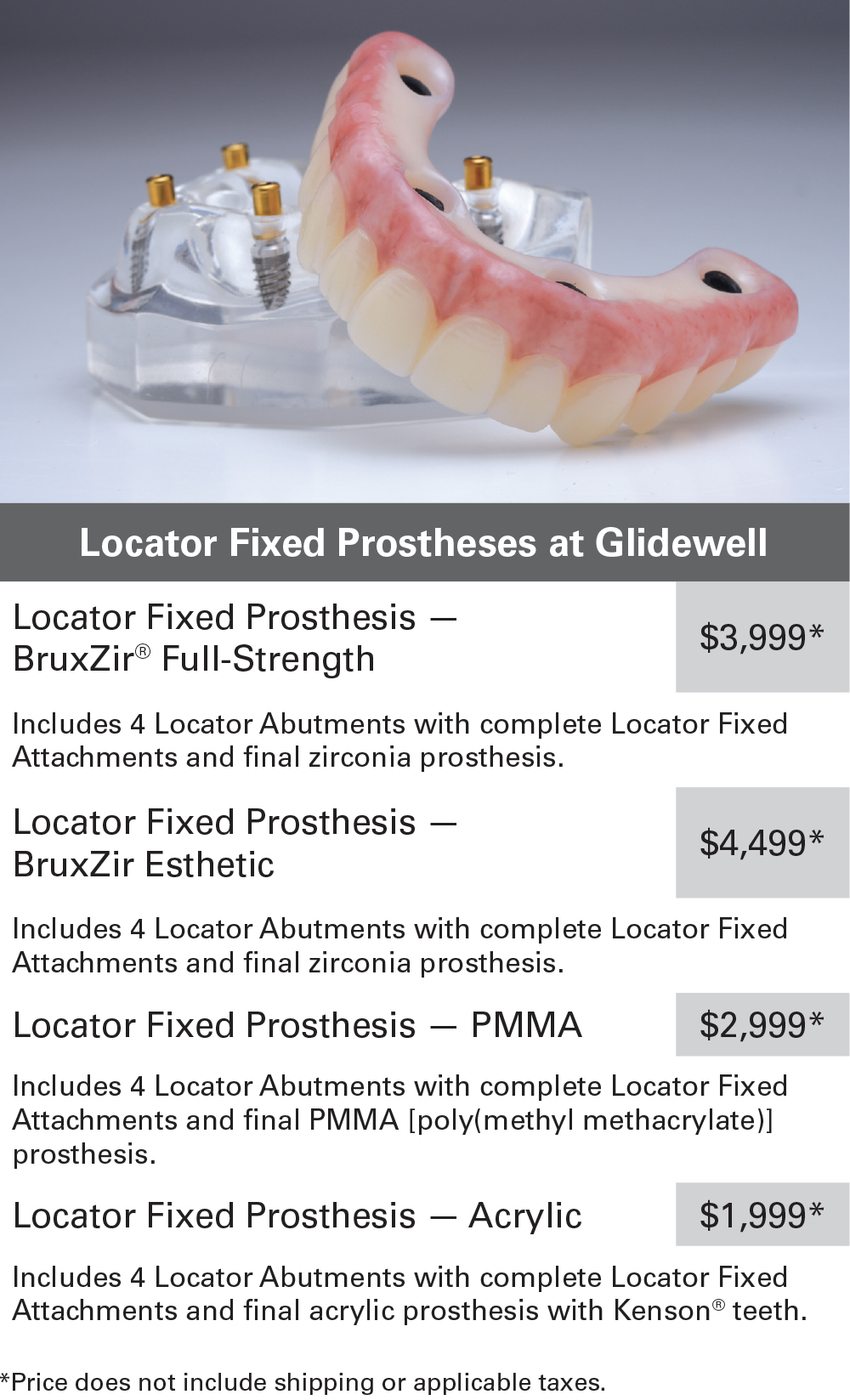 Glidewell offers a wide range of Locator Fixed Prostheses so you can serve patients across the economic spectrum.