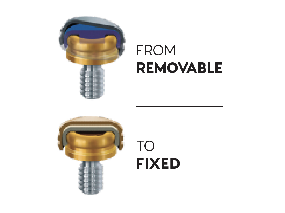 The Locator Fixed Prosthesis takes advantage of the same abutments used to stabilize Locator Implant Overdentures but connects to different housings that contain higher strength inserts, resulting in a fixed prosthesis that can be removed only by the clinician with the use of a specialized lever-type tool.