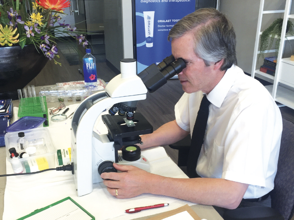 Dr. Allan Dovigi conducting stem cell research in his office.